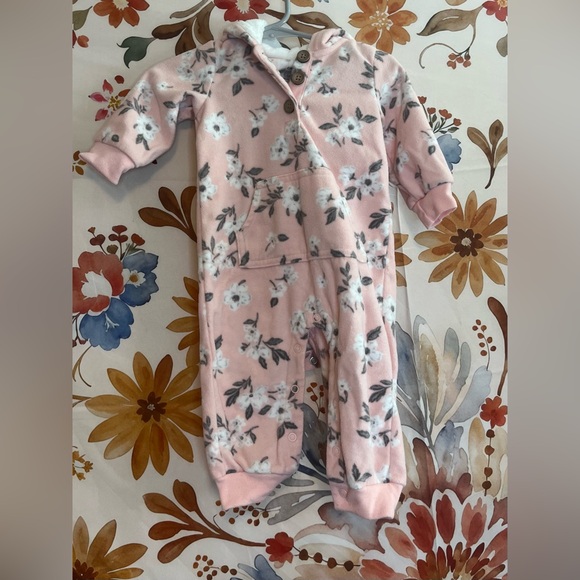 Carters 6M Light Pink Floral Faux Sherpa Lined Winter Coverall Jumpsuit - Picture 1 of 11